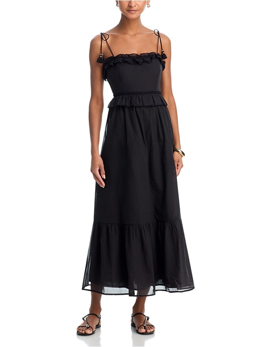 Aqua Black Ruffle-Tier Maxi Dress with Tie Straps